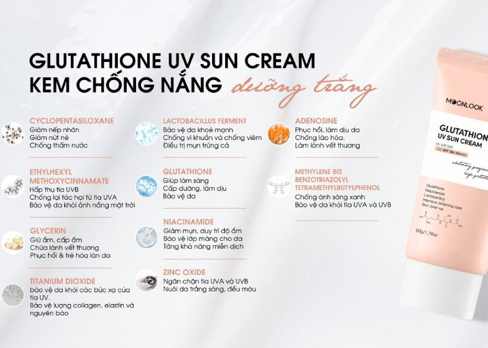 Kem chống nắng Moonlook Glutathione UV Sun Cream là một sản phẩm kem chống nắng chứa khoáng chất, bảo vệ da khỏi tác hại của tia UV từ ánh nắng mặt trời. 